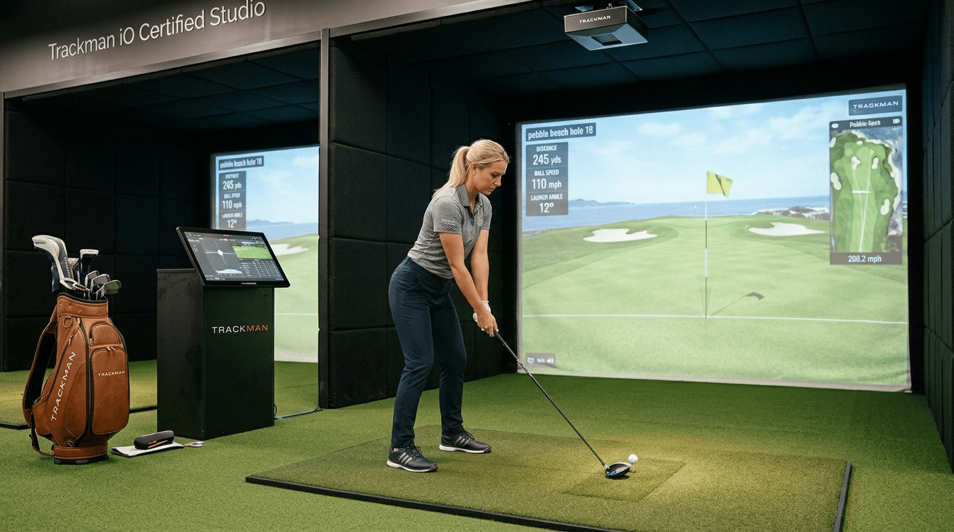 Golfer practicing in a Trackman iO bay